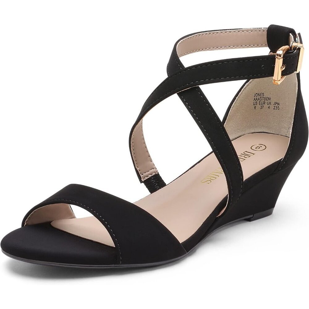 Women's Black Low Wedge Ankle Open Toe Strap Soft Faux Heel Sandals Shoes